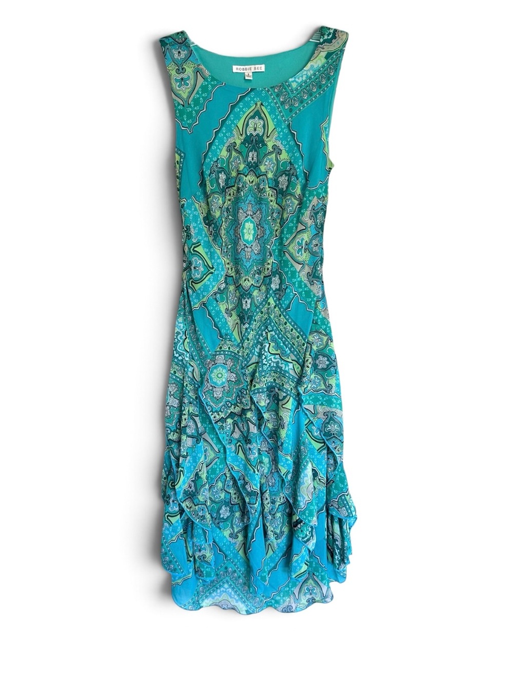 Y2K Whimsical Robbie Bee Aqua Paisley Sleeveless Midi Mermaid Dress